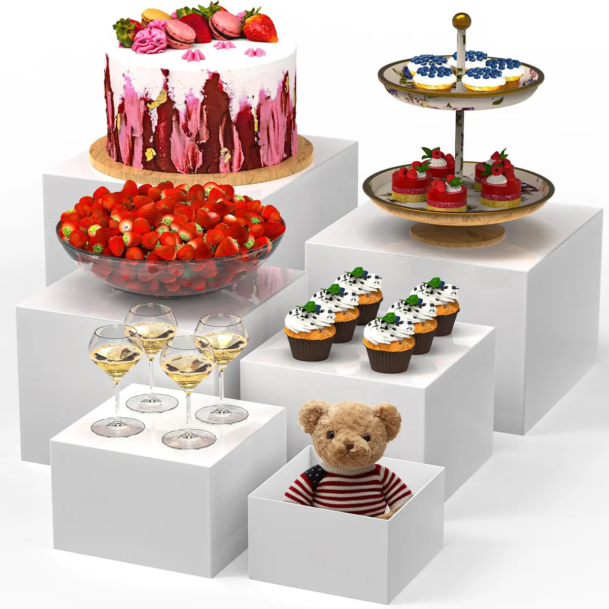 6PCS Buffet Risers Set – Large White Display Stands for Food, Catering & Party Tables
