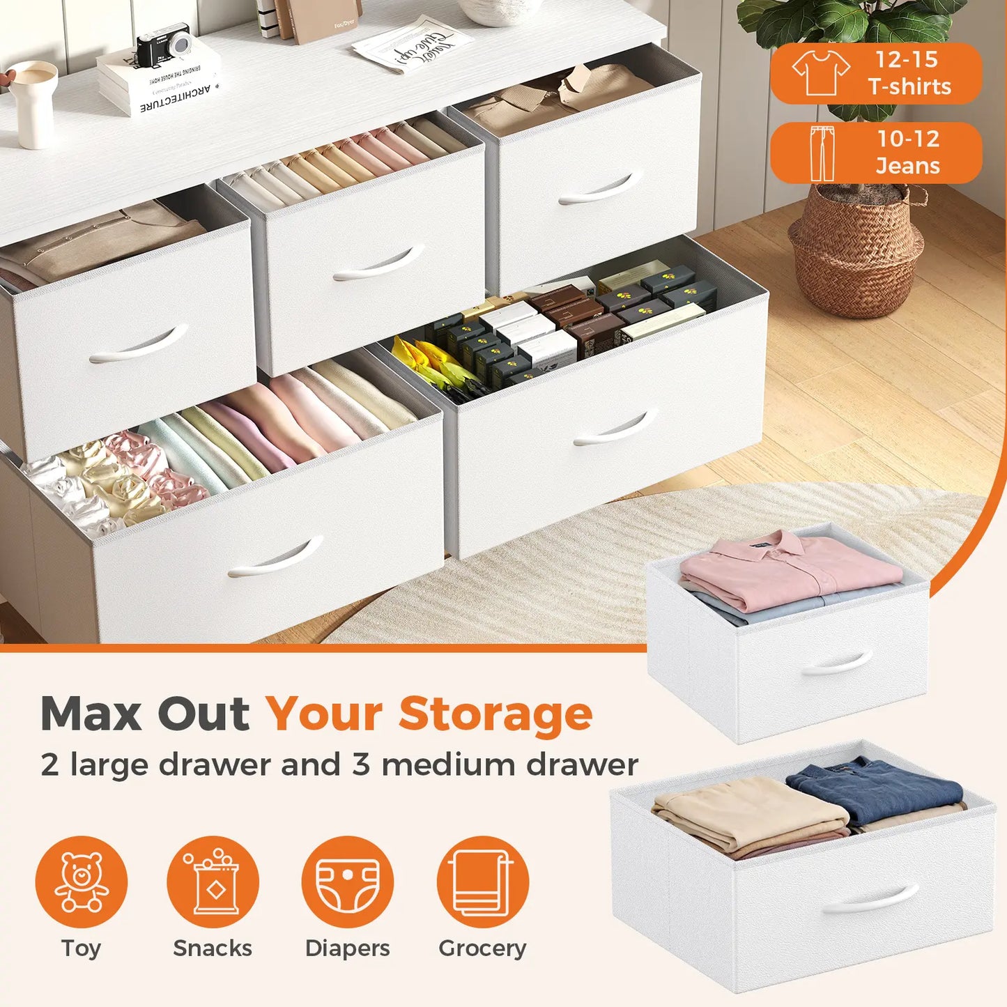 5 Drawer Storage Chest with Fabric Bins Modern Dresser Organizer for Bedroom Closet
