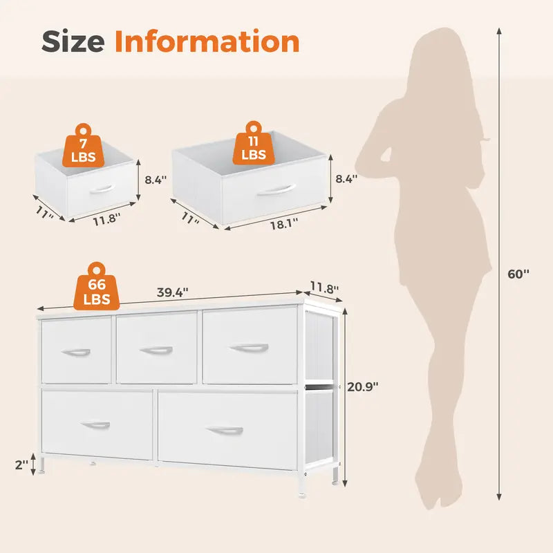 5 Drawer Storage Chest with Fabric Bins Modern Dresser Organizer for Bedroom Closet